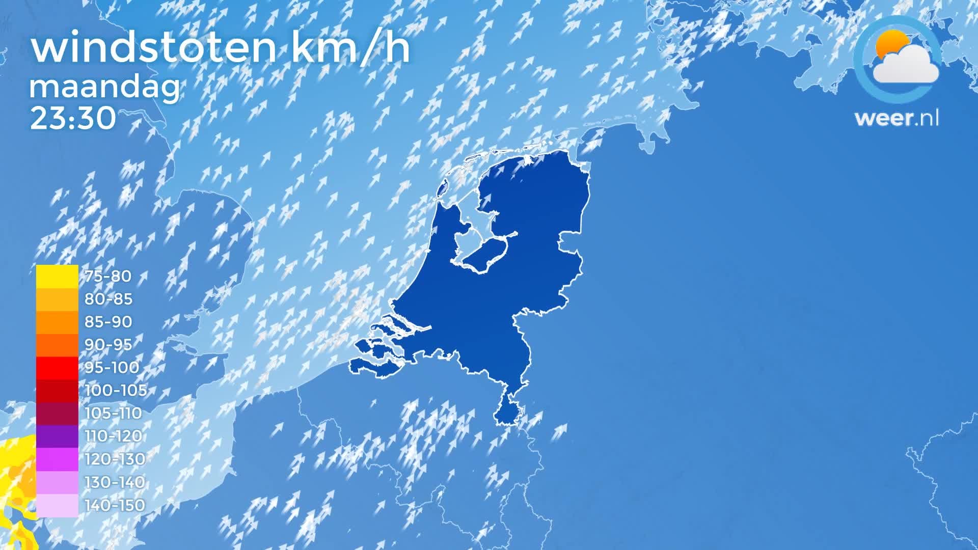 Windstoten en windrichting maandag en dinsdag