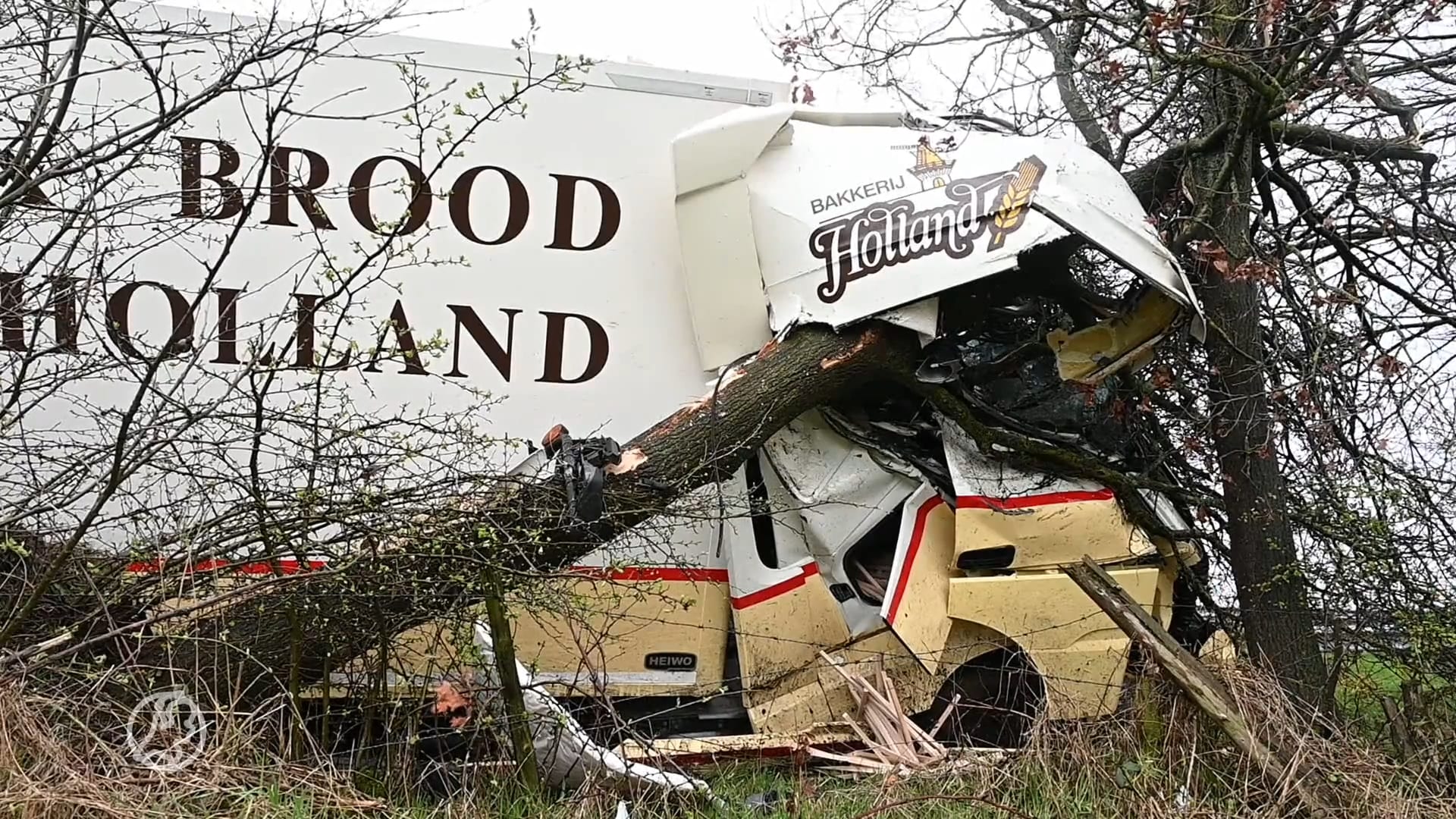 Boomtakken doorboren vrachtwagencabine na botsing