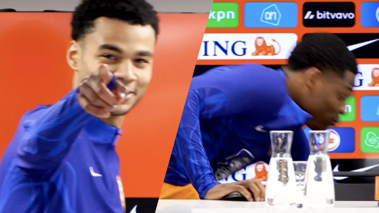 Denzel Dumfries struikelt bij start persconferentie: 'Staat dat erop?!'