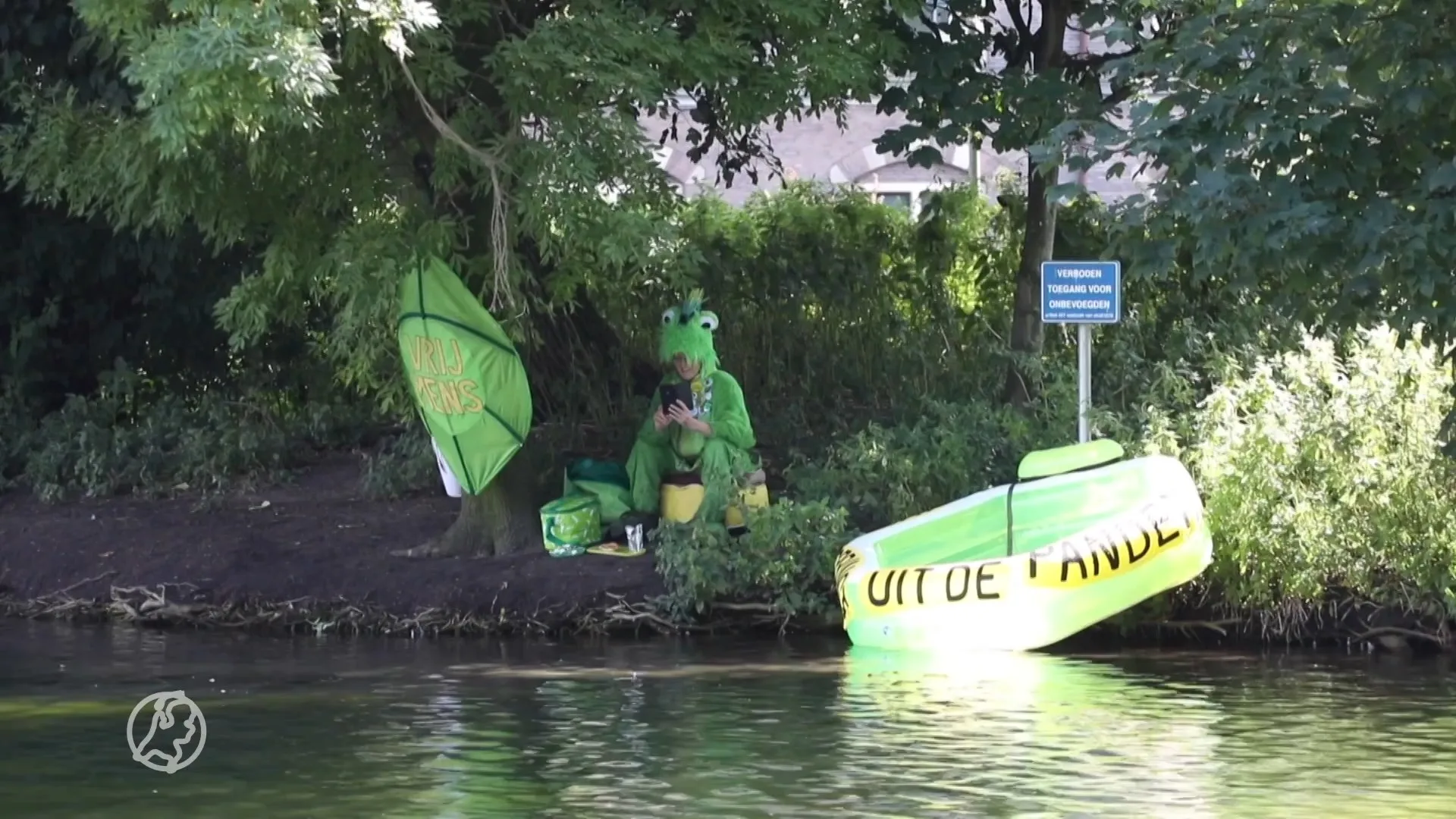 Vrouw in kikkerkostuum protesteert op Hofvijver tegen coronamaatregelen