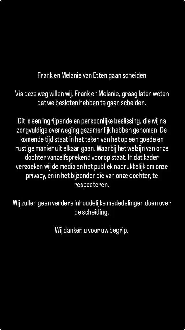 Frank van Etten en Melanie gaan scheiden (@Instagram)