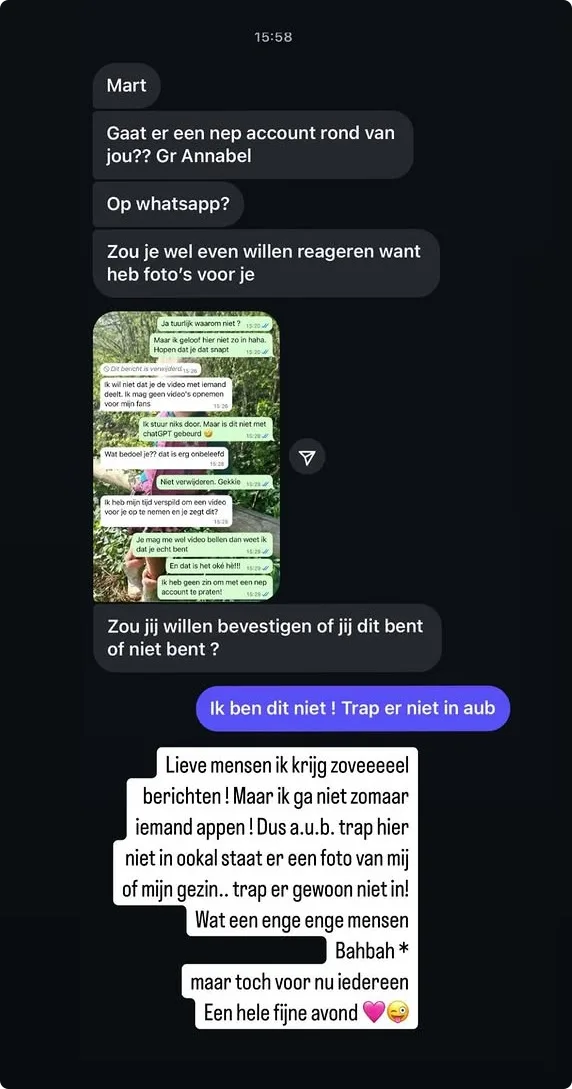 Mart Hoogkamer waarschuwt zijn volgers voor nepberichten op Instagram.