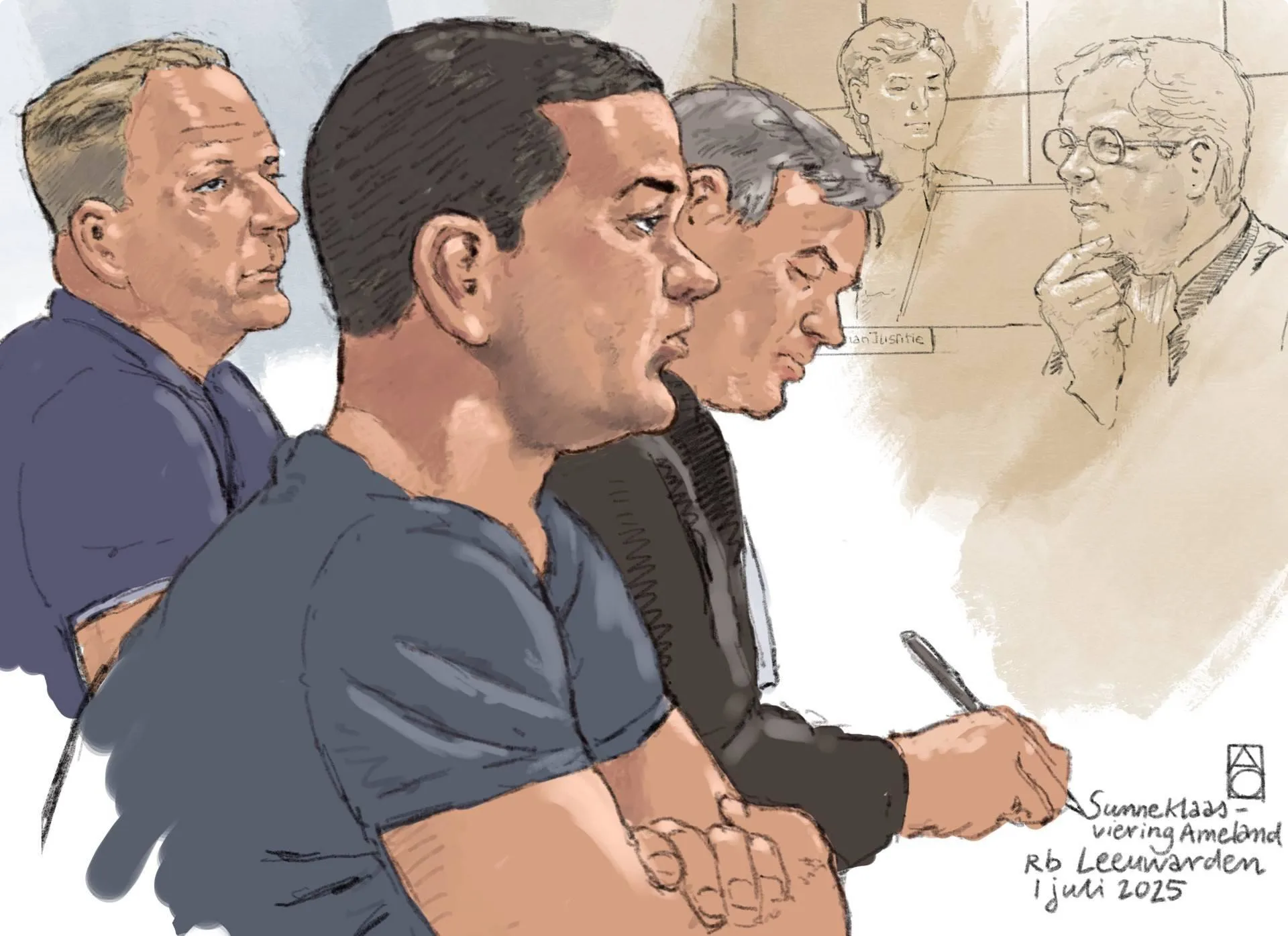 Rechtbanktekening van verdachten Rob K.(L) en Jesse V. en hun advocaat Tjalling van der Goot tijdens een zitting van de politierechter. Bron: ANP