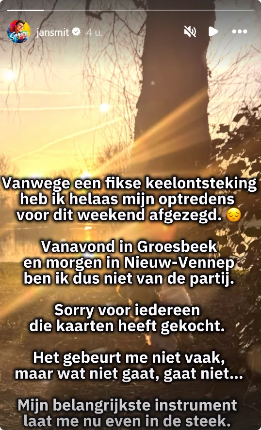 Jan Smit annuleert optredens door keelontsteking (@Instagram).