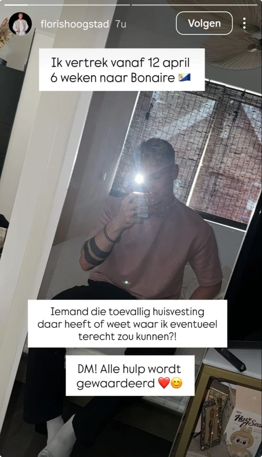 De Bondgenoten Floris zoekt accommodatie op Bonaire (@Instagram).