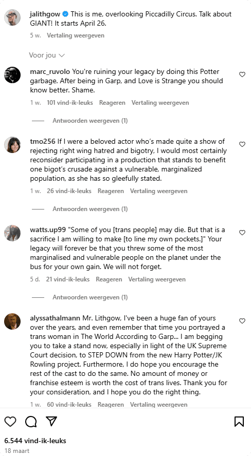 Reacties van (voormalig) fans op John zijn nieuwe acteerklus - Bron: Instagram John Lithgow.