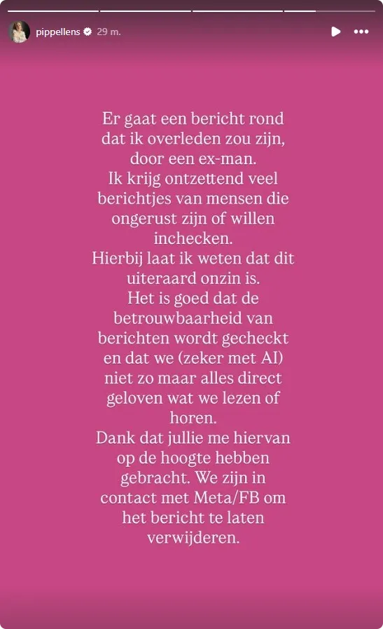 Pip Pellens waarschuwt voor nepberichten via haar Instagram Story.
