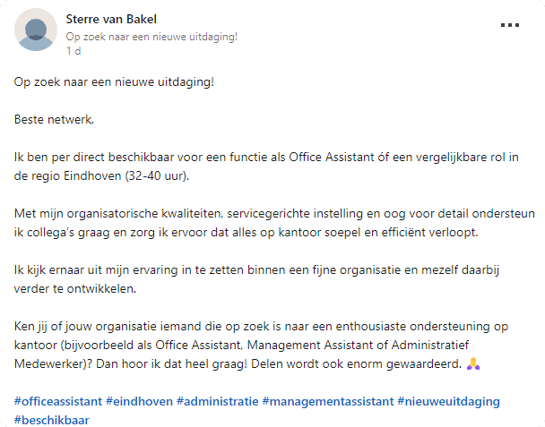 De post op LinkedIn van Sterre.