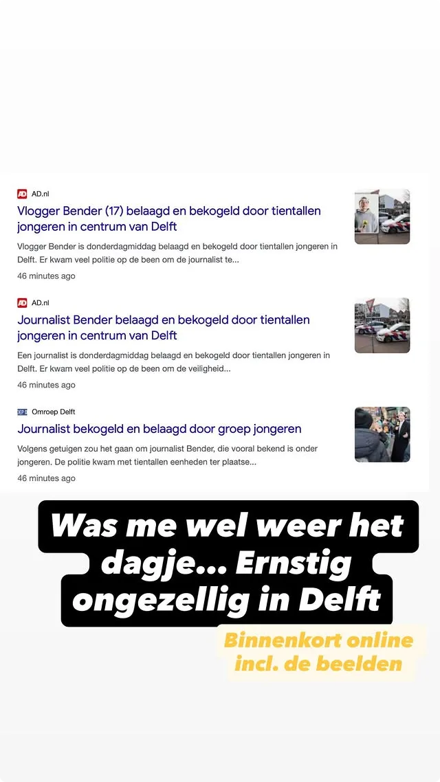 Vlogger Bender geeft update na belaging in Delft (1/2 @Instagram).