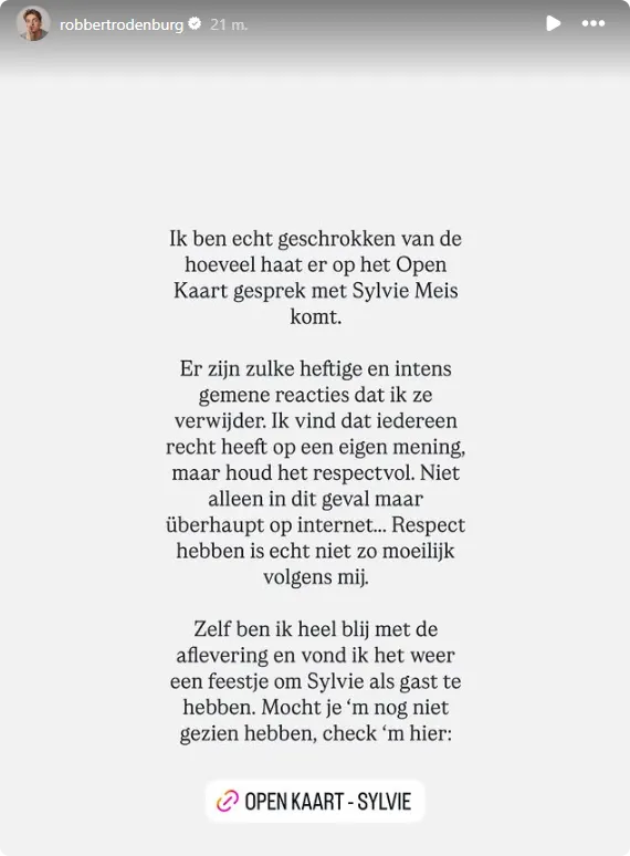 Robbert Rodenburg is geschrokken van de haatreacties op de aflevering van Open Kaart met Sylvie Meis.