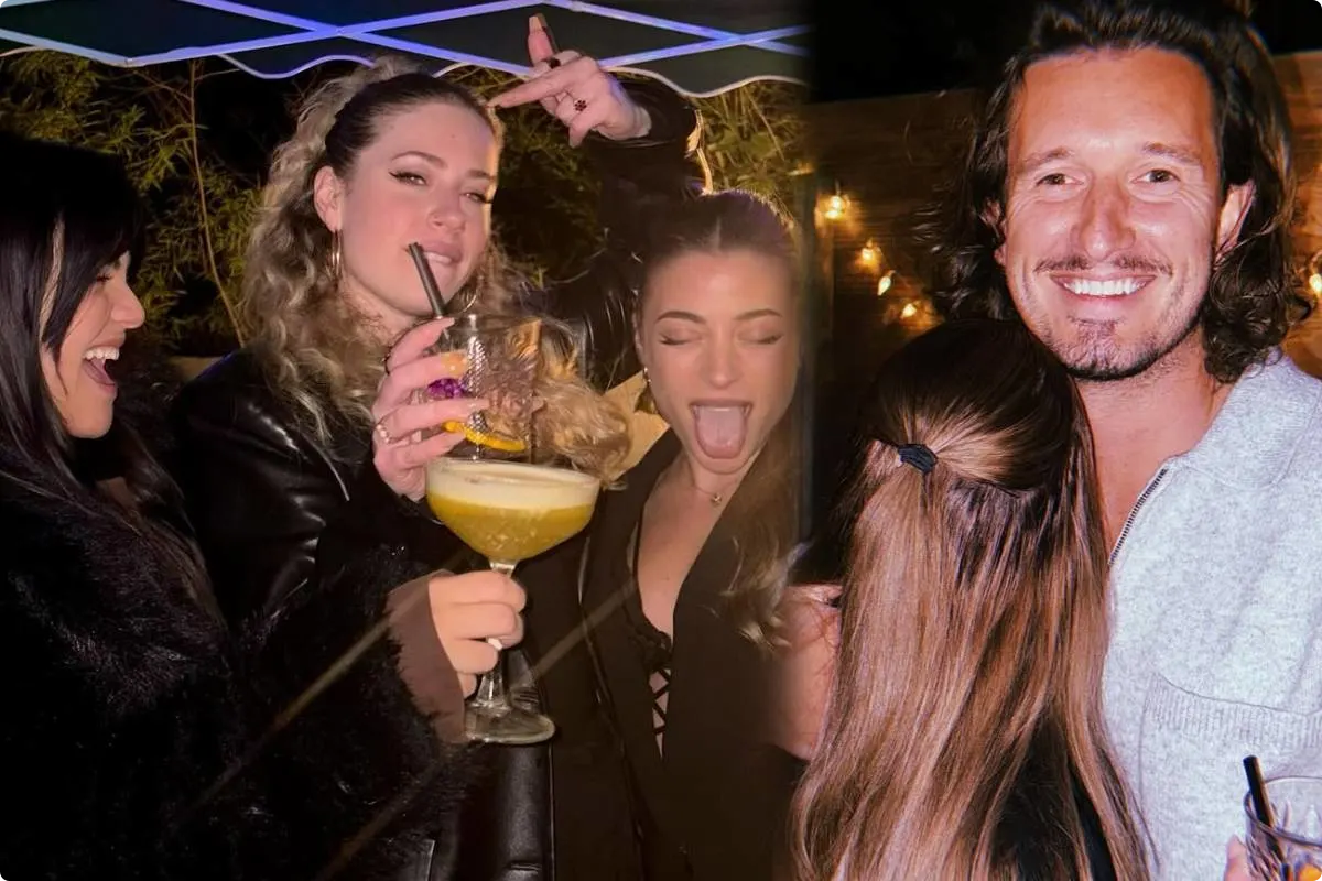 Links de dames van OGENE tijdens het recente verjaardagsfeestje, rechts Amy met haar nieuwe vriend.