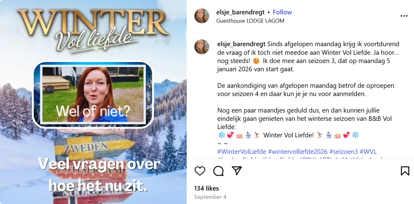 WVL-Elsje verklapt startdatum Winter Vol Liefde seizoen 3 op Instagram.