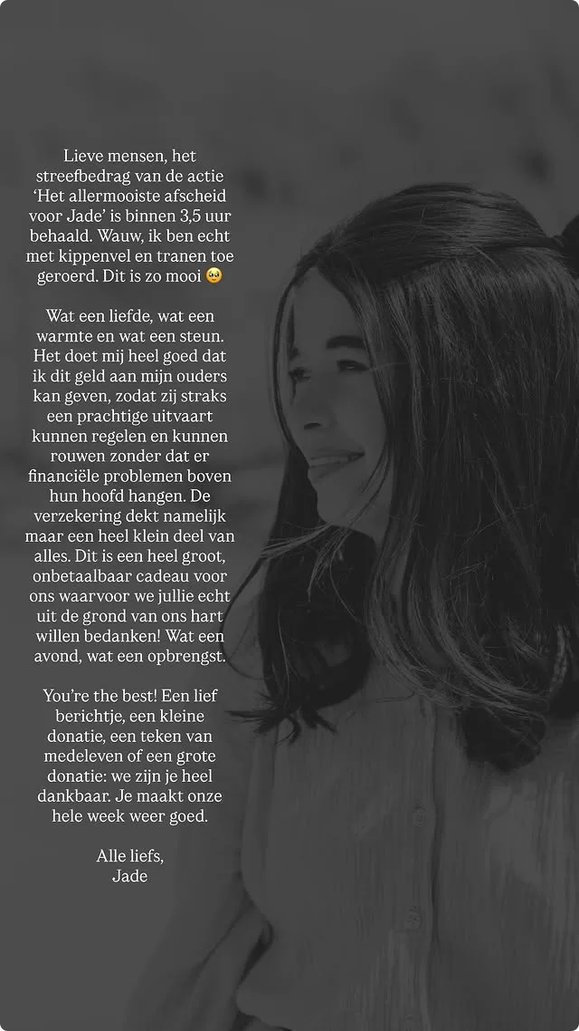 Jade Kops bedankt donateurs (@Instagram)
