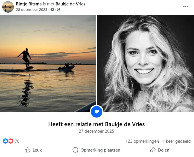 Rintje Ritsma past zijn relatiestatus op Facebook aan na relatie met Baukje de Vries (@facebook)