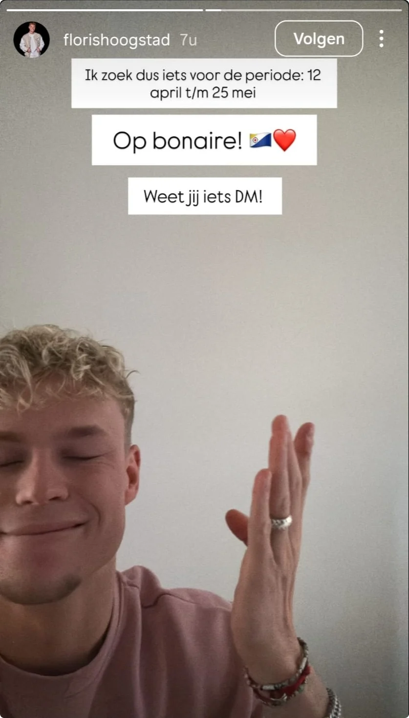 De Bondgenoten Floris zoekt accommodatie op Bonaire (@Instagram).