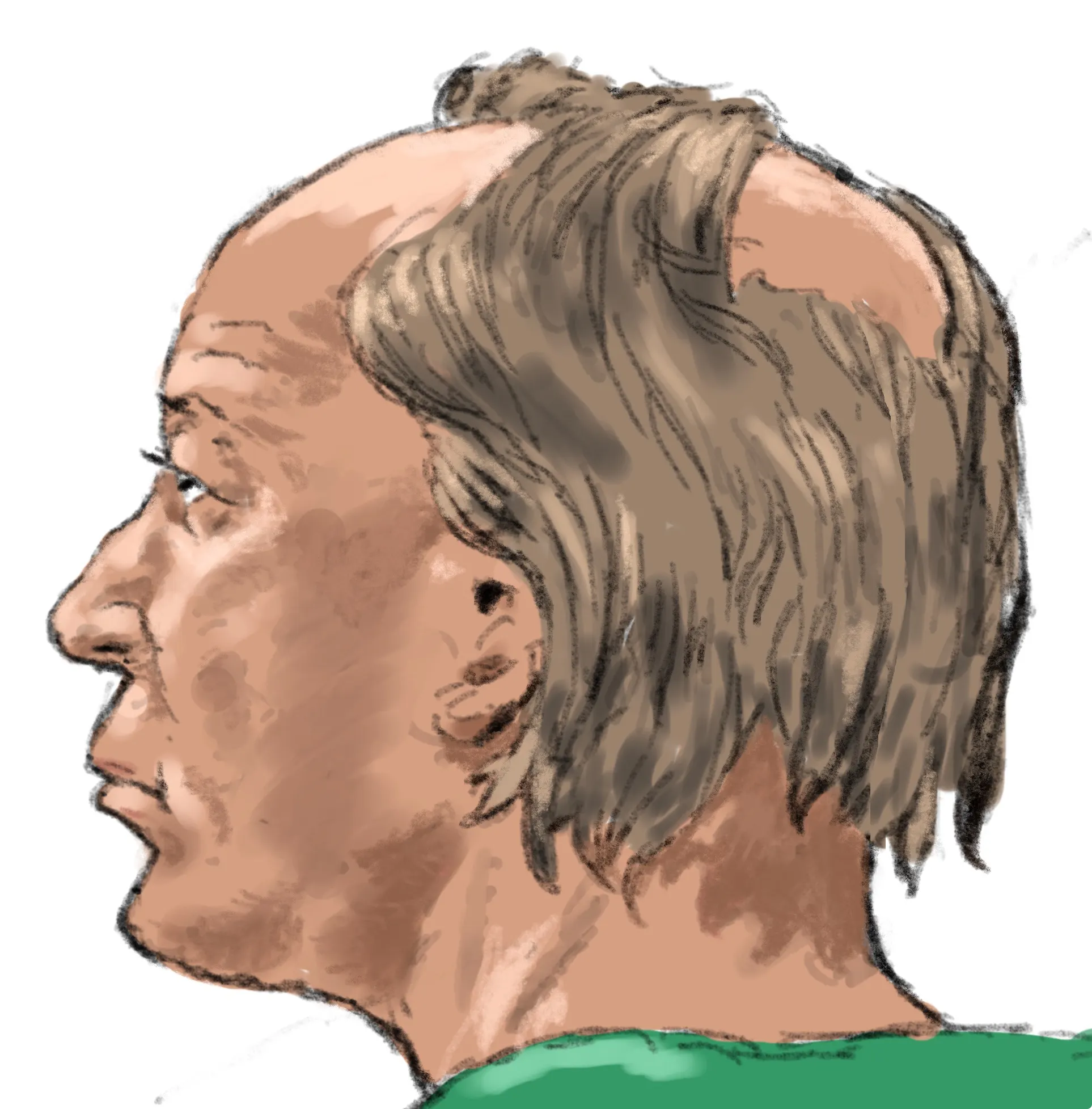 Rechtbanktekening van Koert H. tijdens de eerste pro-formazitting van het onderzoek naar de grote brand in de Arnhemse binnenstad. Beeld: ANP