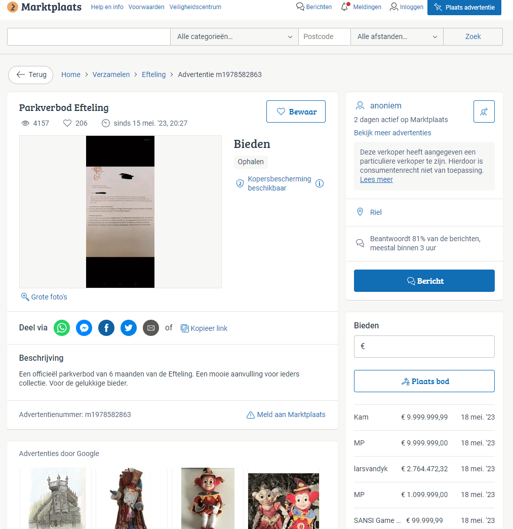 Parkverbod Efteling Marktplaats