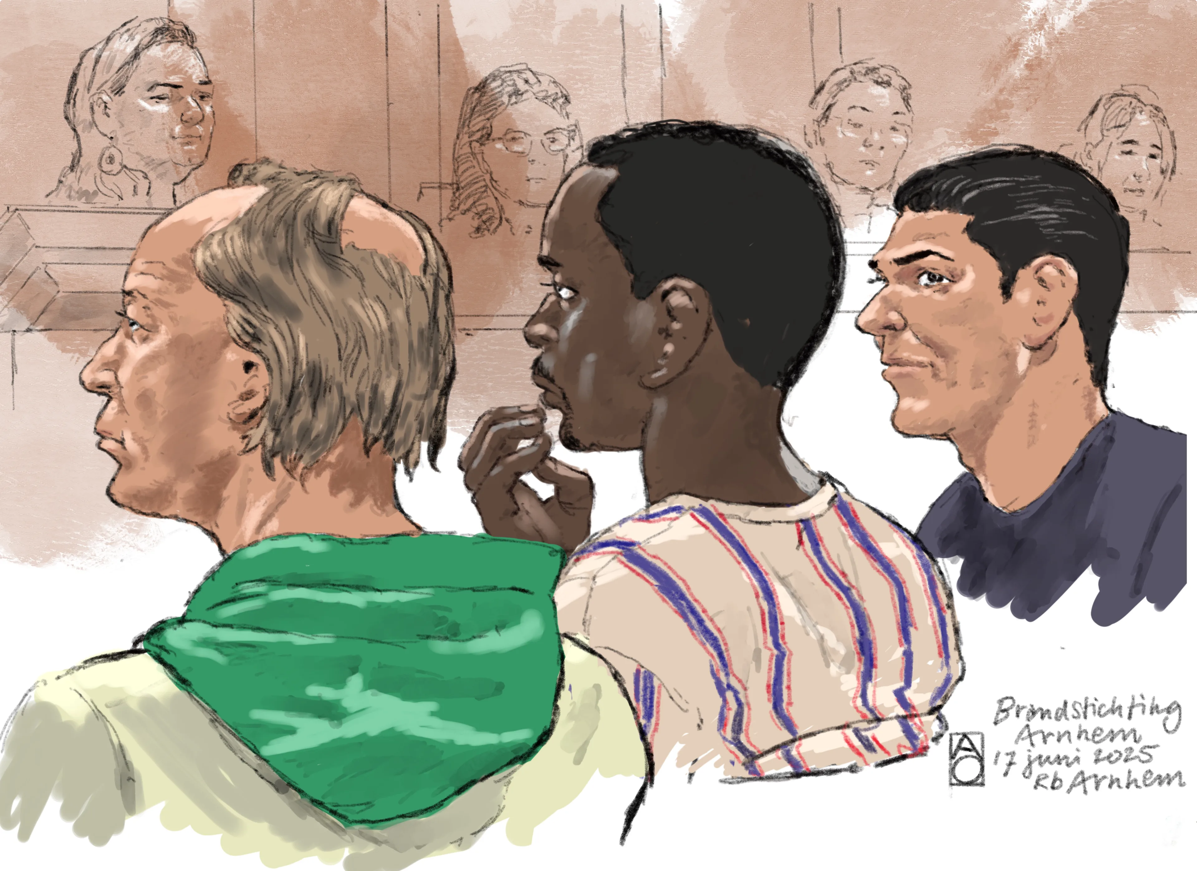 Rechtbanktekening van (VLNR) Koert H., Mark V. en Rik N. tijdens de eerste pro-formazitting van het onderzoek Beeld: ANP/Aloys Oosterwijk