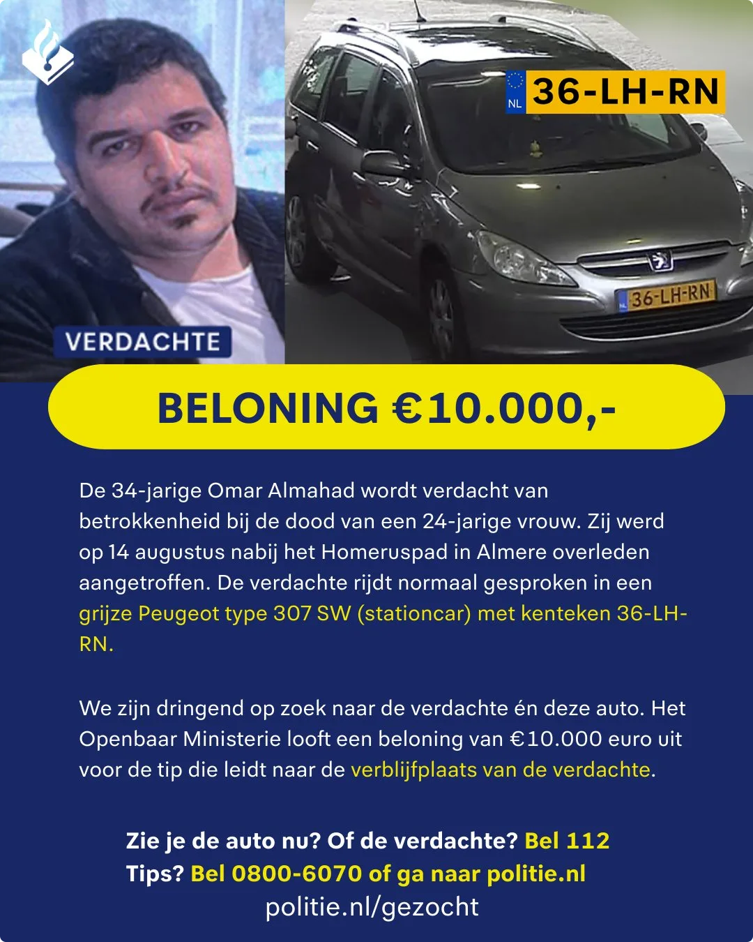 De politie is naarstig op zoek naar de 34-jarige Omar Almahad. Beeld: Politie