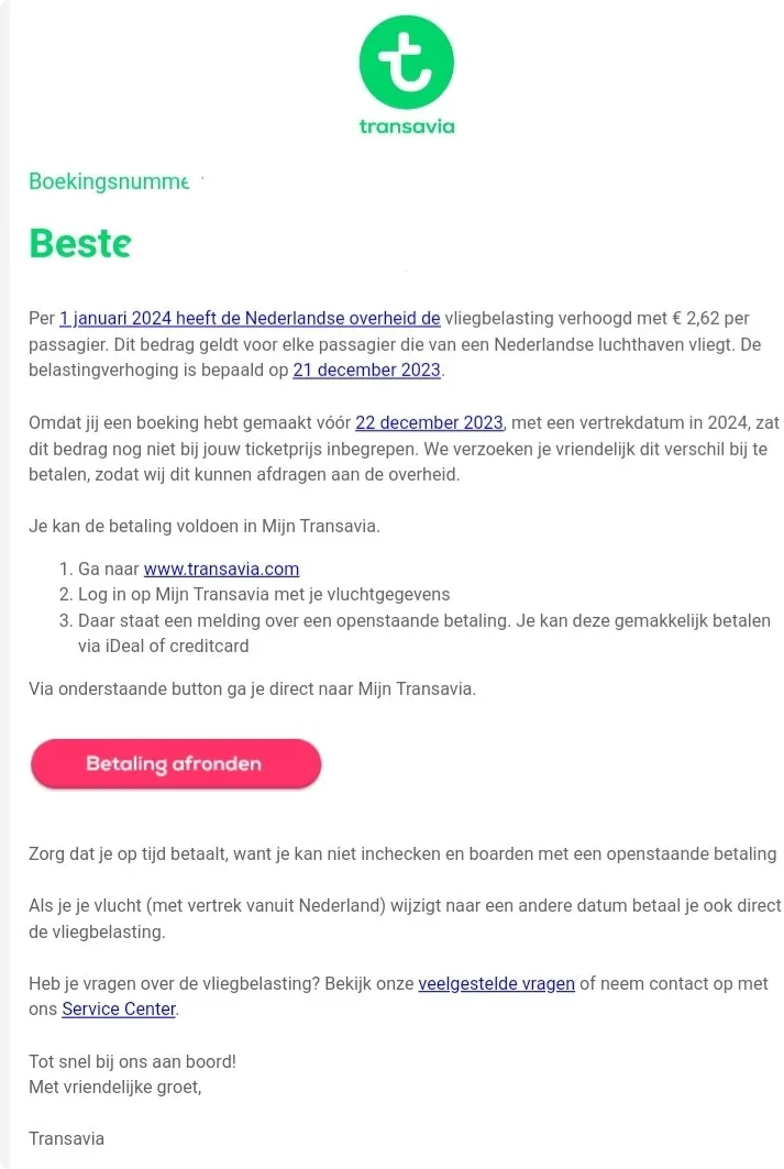 De brief die naar klanten van Transavia wordt gestuurd met de vraag of ze de naheffing willen betalen. 