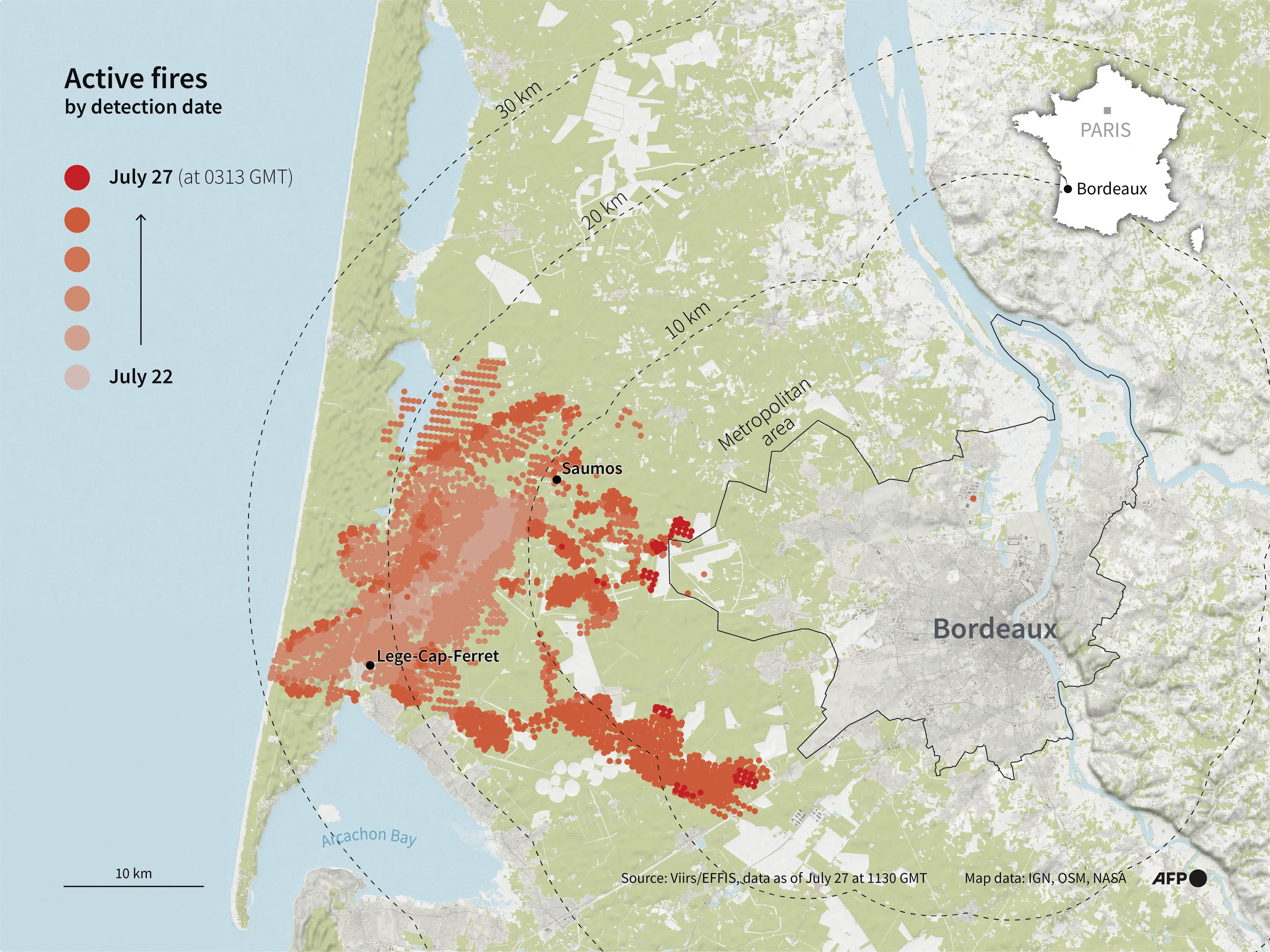 De aantal natuurbranden en de omvang rondom Bordeaux. Beeld: ANP