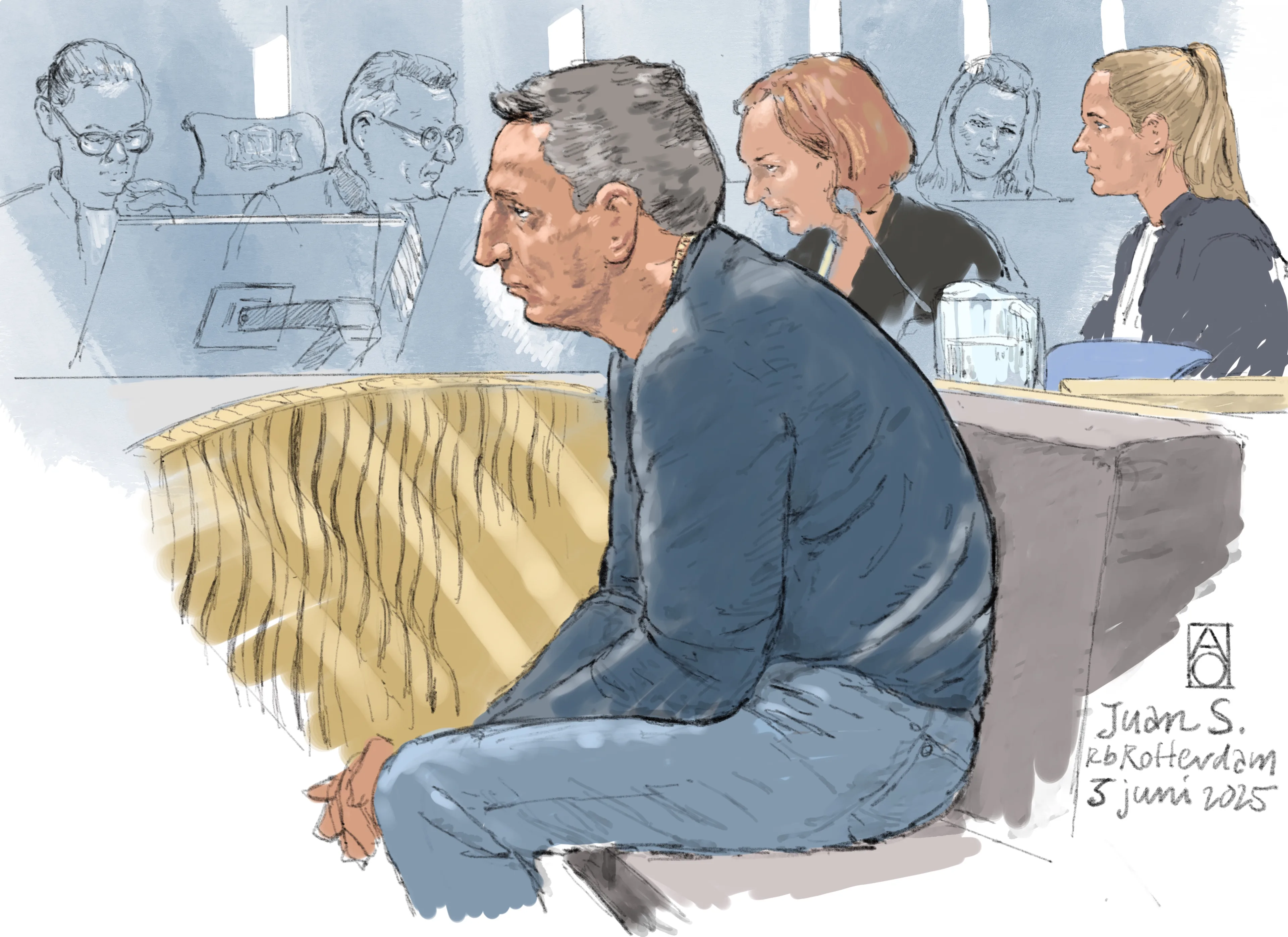 Rechtbanktekening van Juan S., de Spaanse vrachtwagenchauffeur die op 27 augustus 2022 inreed op een buurtfeest in Nieuw-Beijerland. Beeld: ANP