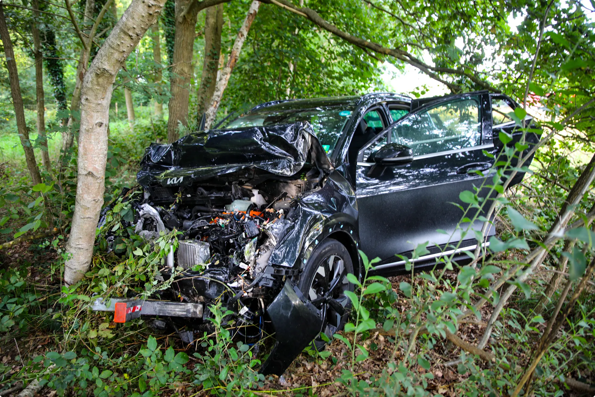 De zwaar gehavende auto kwam tot stilstand tegen een boom langs de snelweg. Beeld: SPS Media