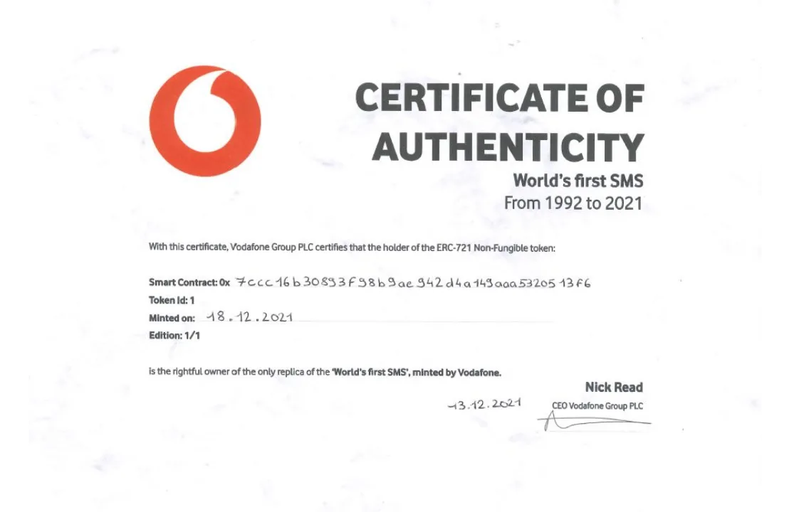 Een ingelijste versie van het eerste sms'je ooit verzonden.