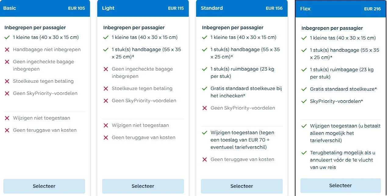 De nieuwe tarieven van KLM, beeld: KLM.nl