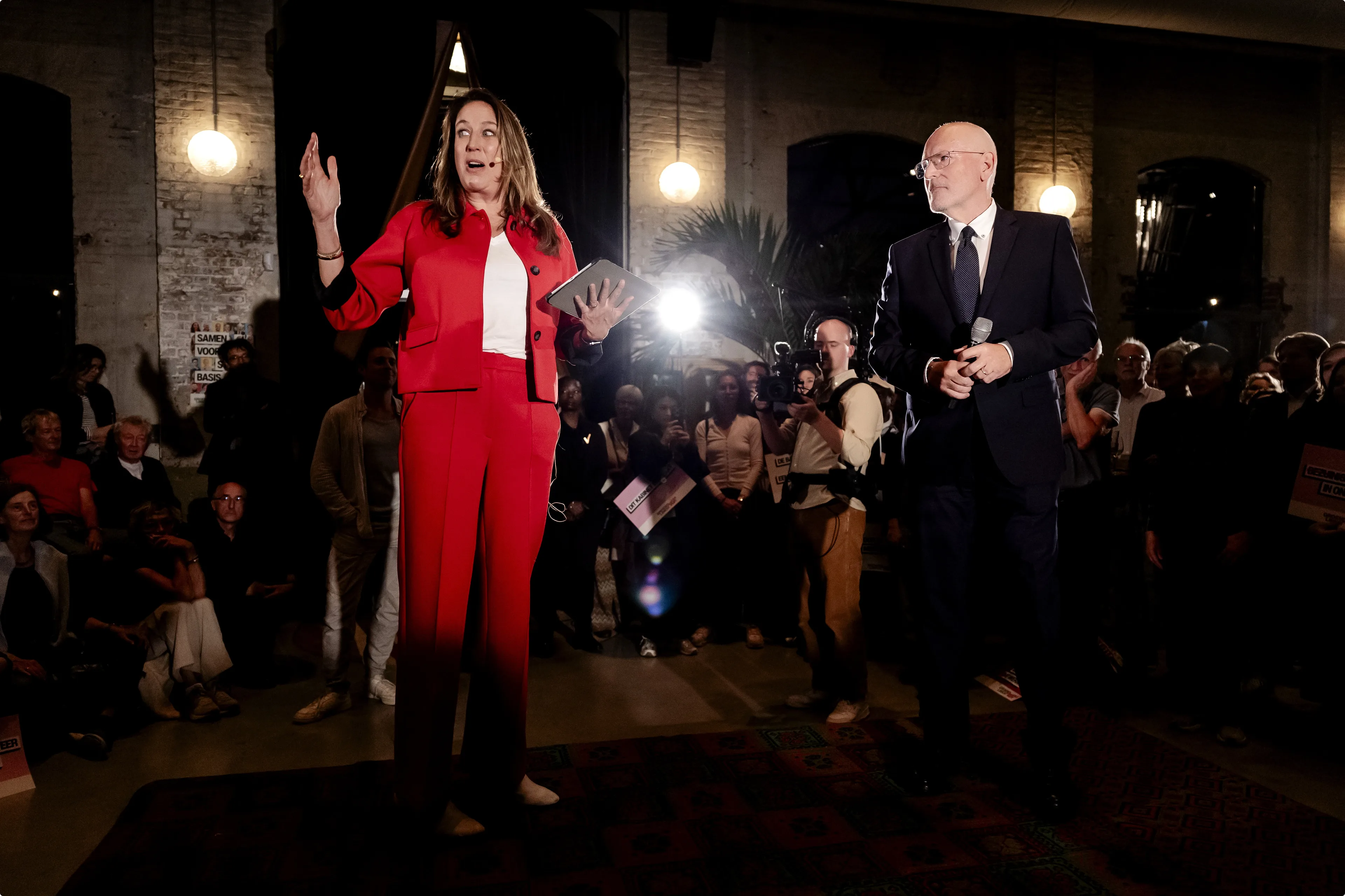 Marjolein Moorman en Frans Timmermans tijdens een eerdere campagnebijeenkomst. Beeld: ANP