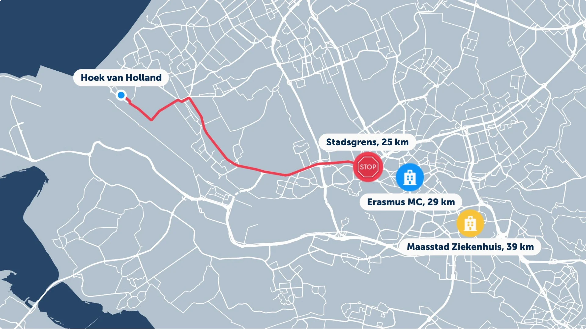 De route van de woonplaats van Pepita naar de ziekenhuizen.