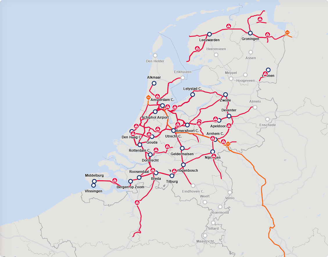 De spoorkaart van Nederland, woensdagmiddag rond 14.00 uur (Beeld: NS)