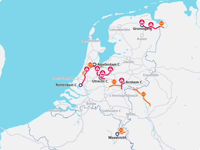 Deze kaart laat de actuele storingen op donderdagochtend 28 november zien. Bron: NS